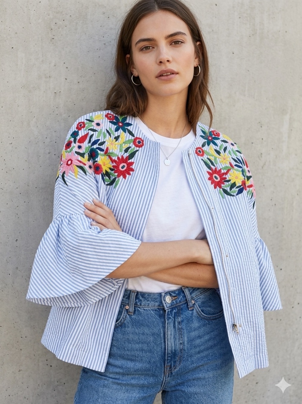 Zara Striped Embroidered Floral Jacket - Light Blue